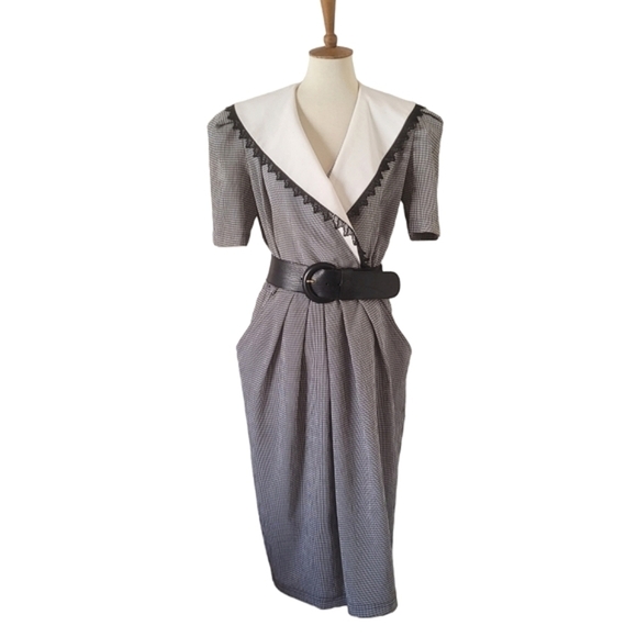 80's Leslie Fay Collection Black and White Check Hankerchief‎ Collar Midi Dress - Picture 2 of 7